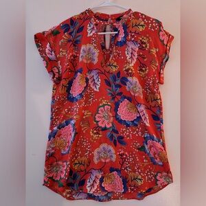 Express Red Floral V-Neck Tunic with Multicolor Blooms